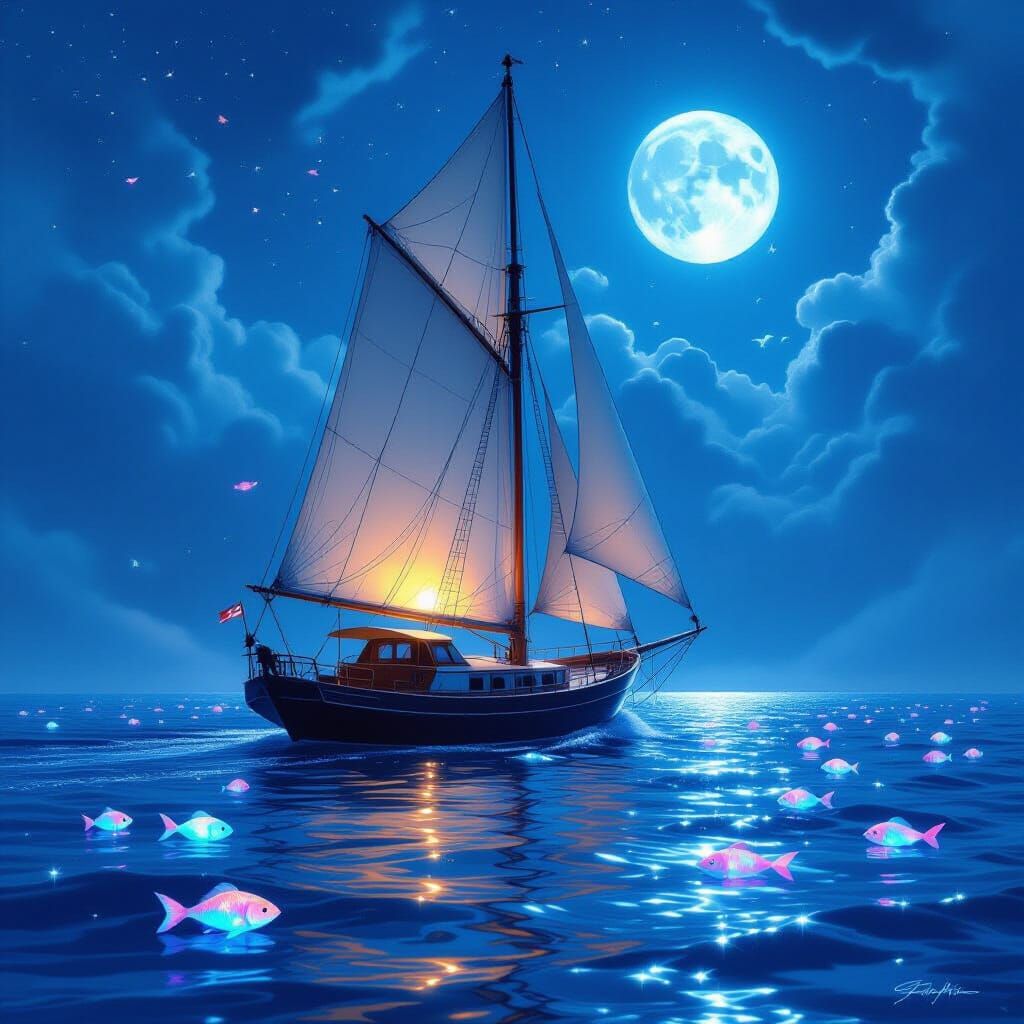 Starlit Voyage: Sailboat Under Twin Moons