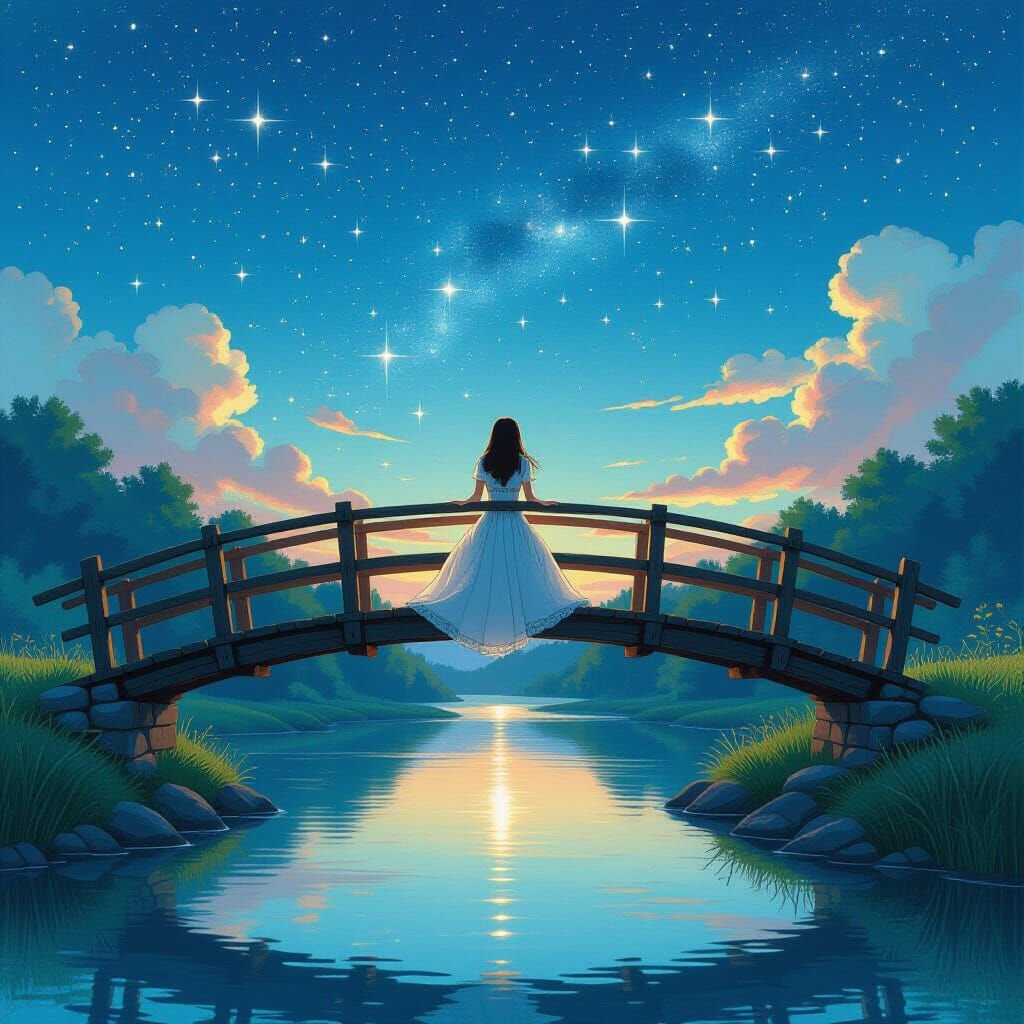 Ethereal Ukrainian Dancer on Starry River Bridge