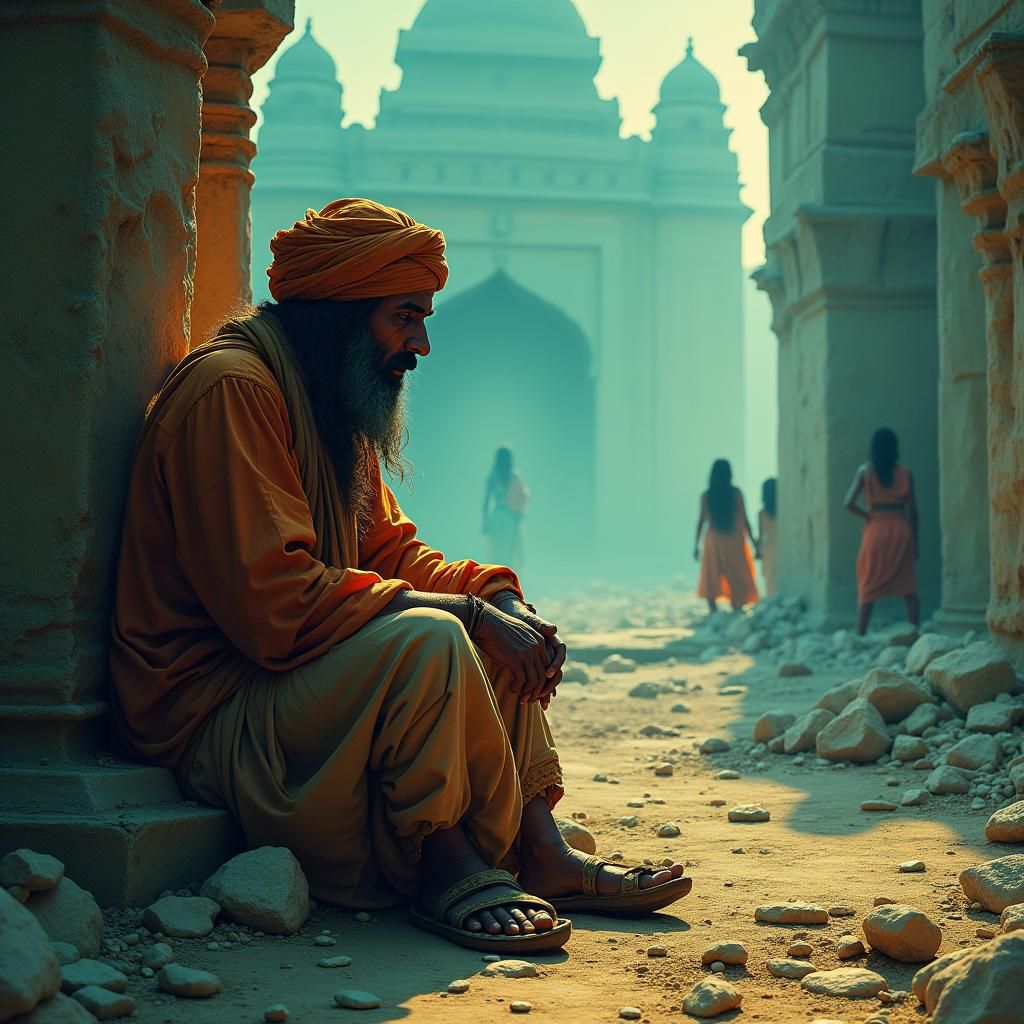 Weeping Man Amidst Ruins in Indian Miniature Style