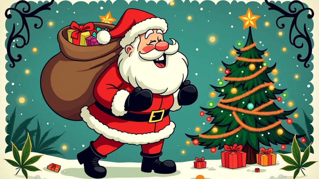 Vibrant Cartoon Santa in Festive Holiday Scene with Swirling...