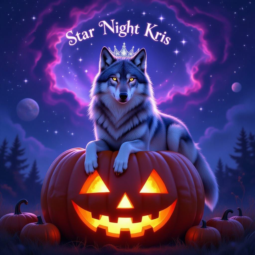 Majestic WolfQueen on Pumpkin Under Starry Nebula Sky