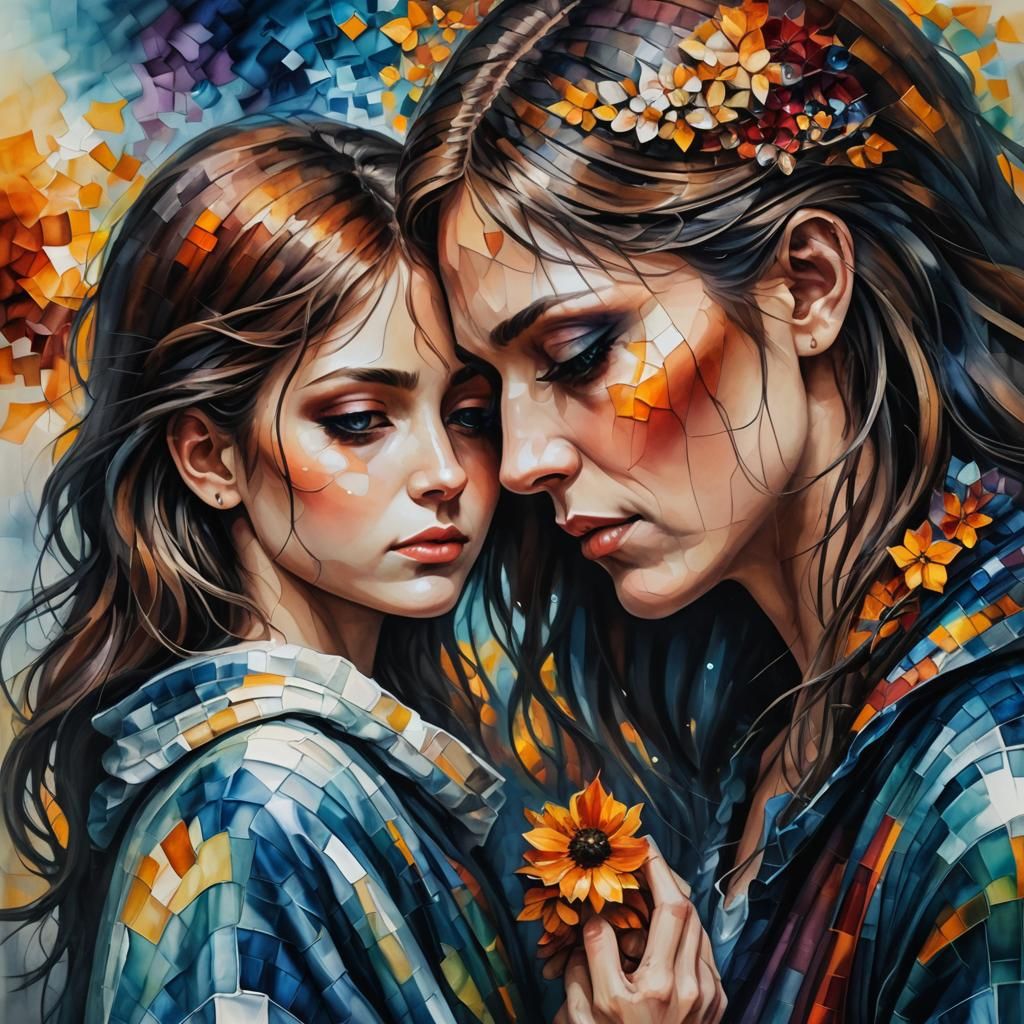 Melancholic Ink Drawing of Boy and Sick Mother