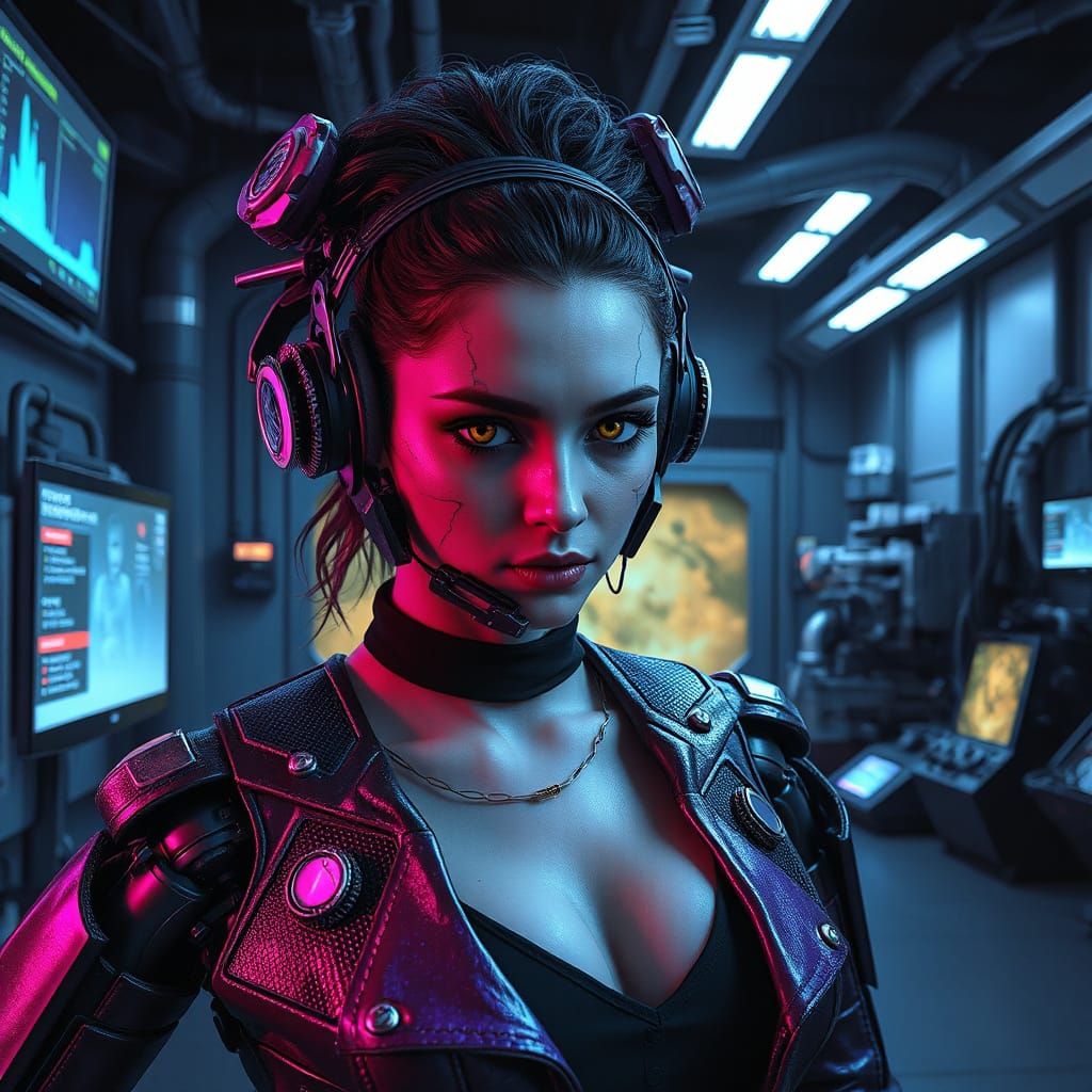 Cyborg Woman in Futuristic Laboratory in Cyberpunk Style
