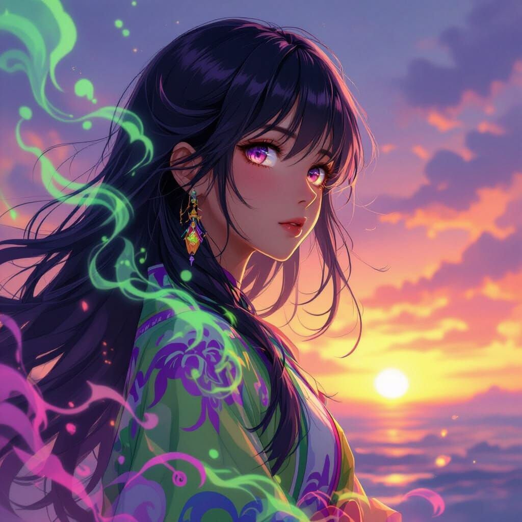 Donghua Anime Girl with Vibrant Aura and Sunset Gaze