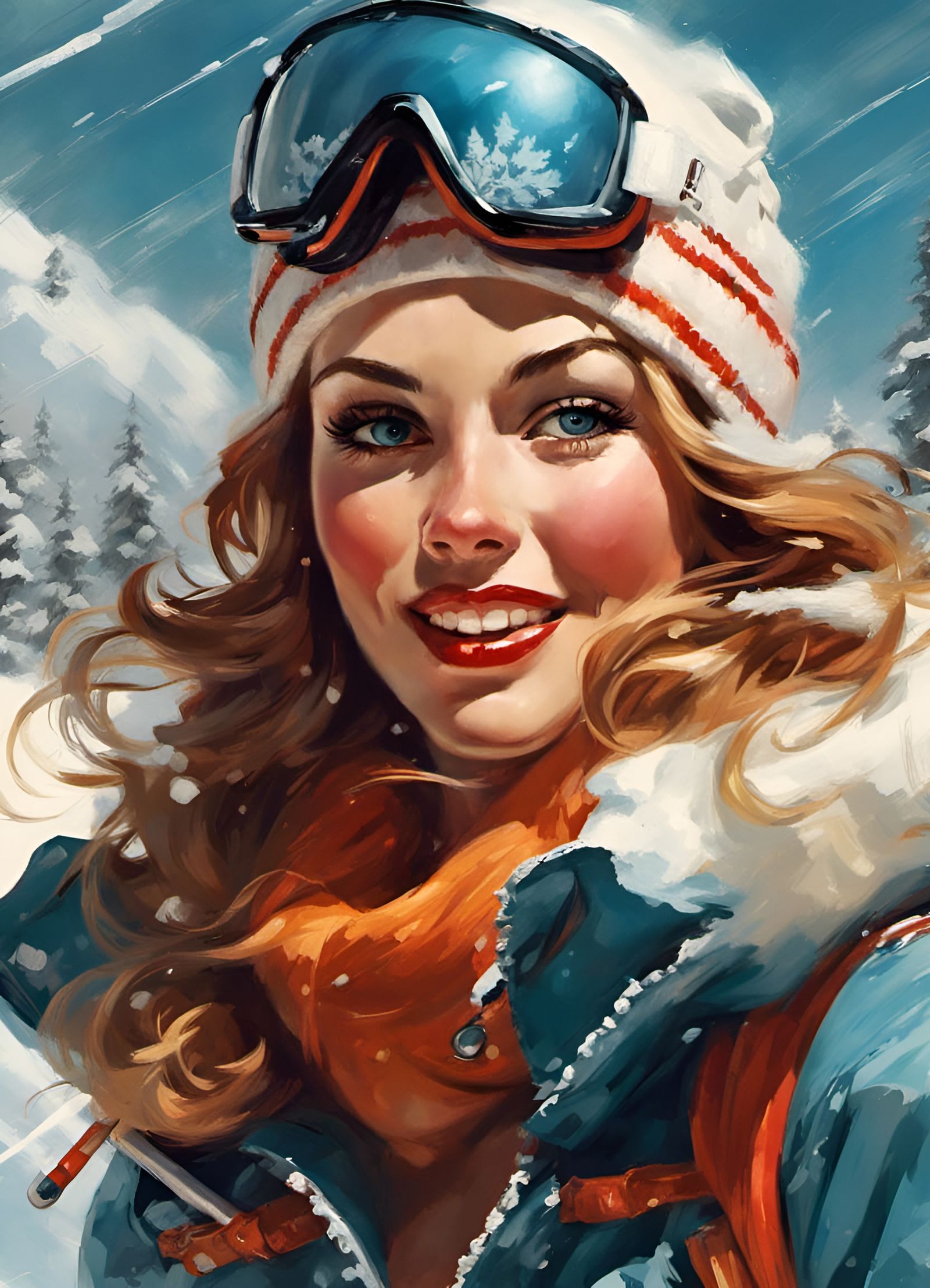 Bikini Skier: Pin-Up Art on a Snowy Day