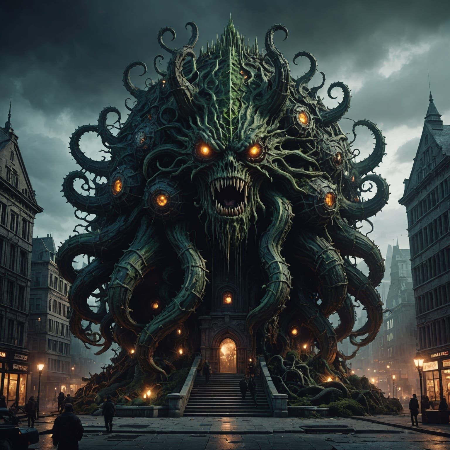 Shoggoth Monster Destroys City in Gothic Art Style