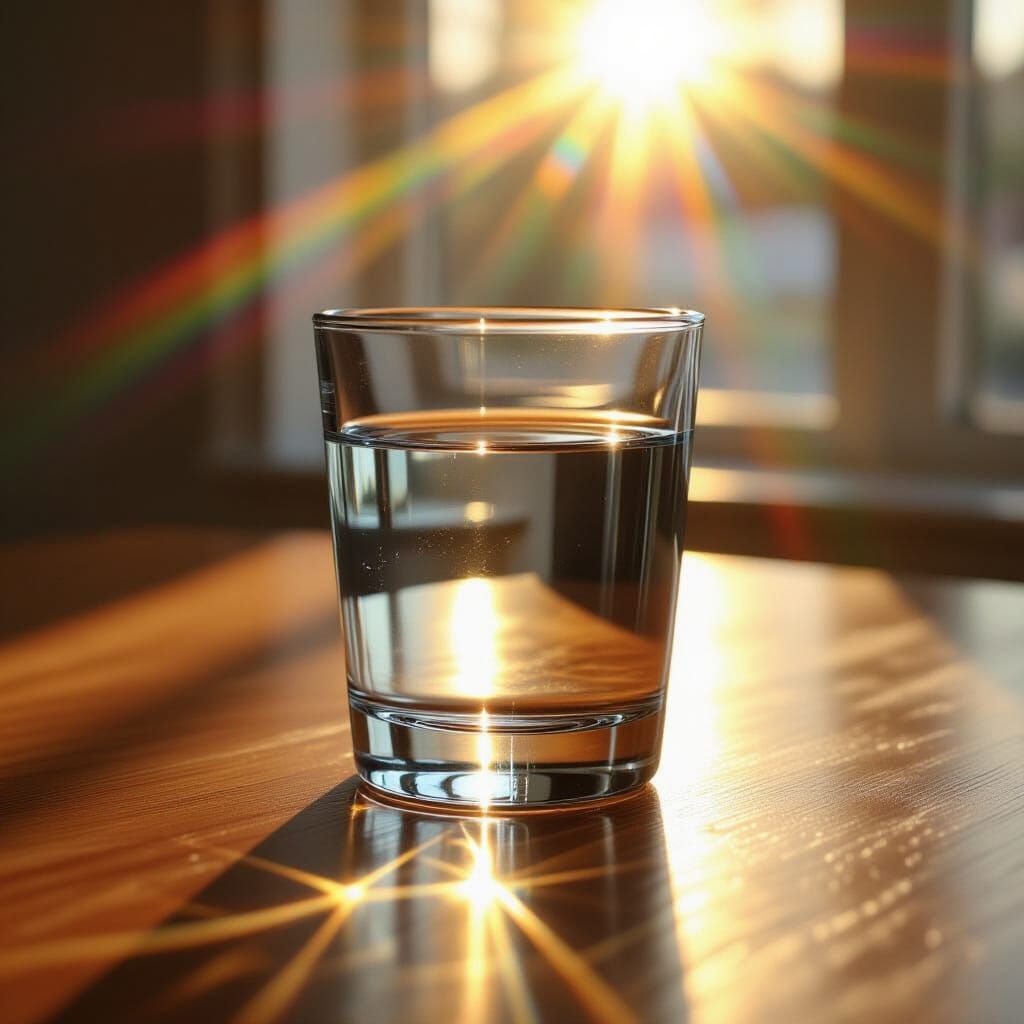 Hyperrealistic Glass of Water with Rainbow Light Beam