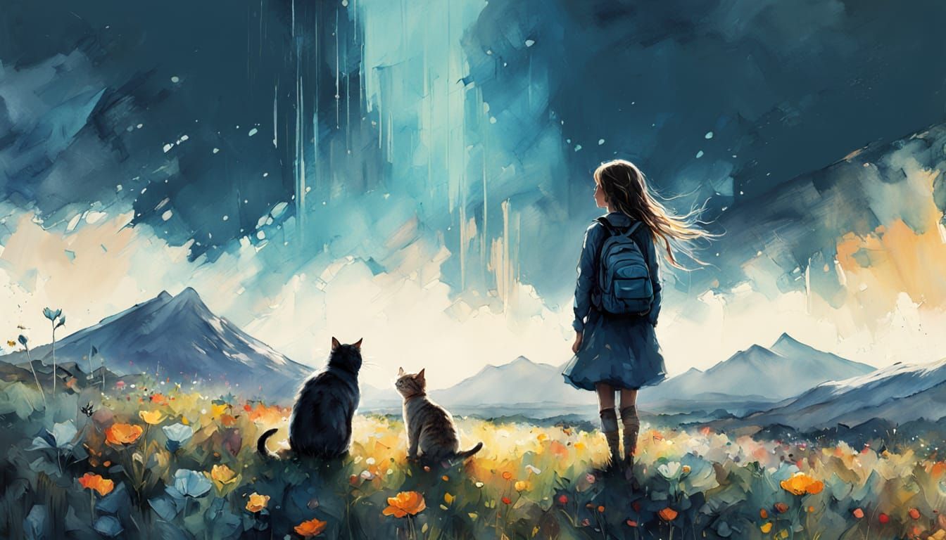 Surreal Watercolor of a Smiling Girl and Her Cat in a Vibran...