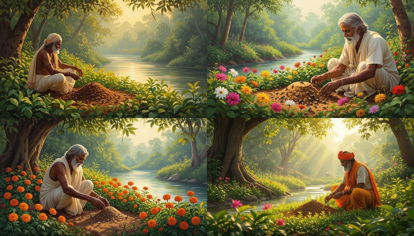 Indian Gardener Tends Garden by River and Forest