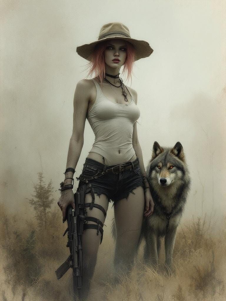 Punk Woman and Wolf in Charcoal Pastel Style