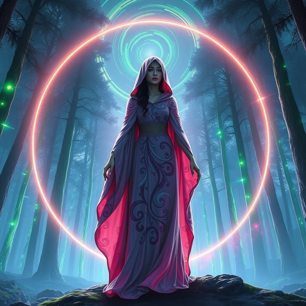 Cyberpunk Goddess Emerges from Iridescent Portal