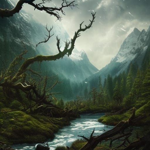 Dark Fantasy Forest with Snowy Peaks