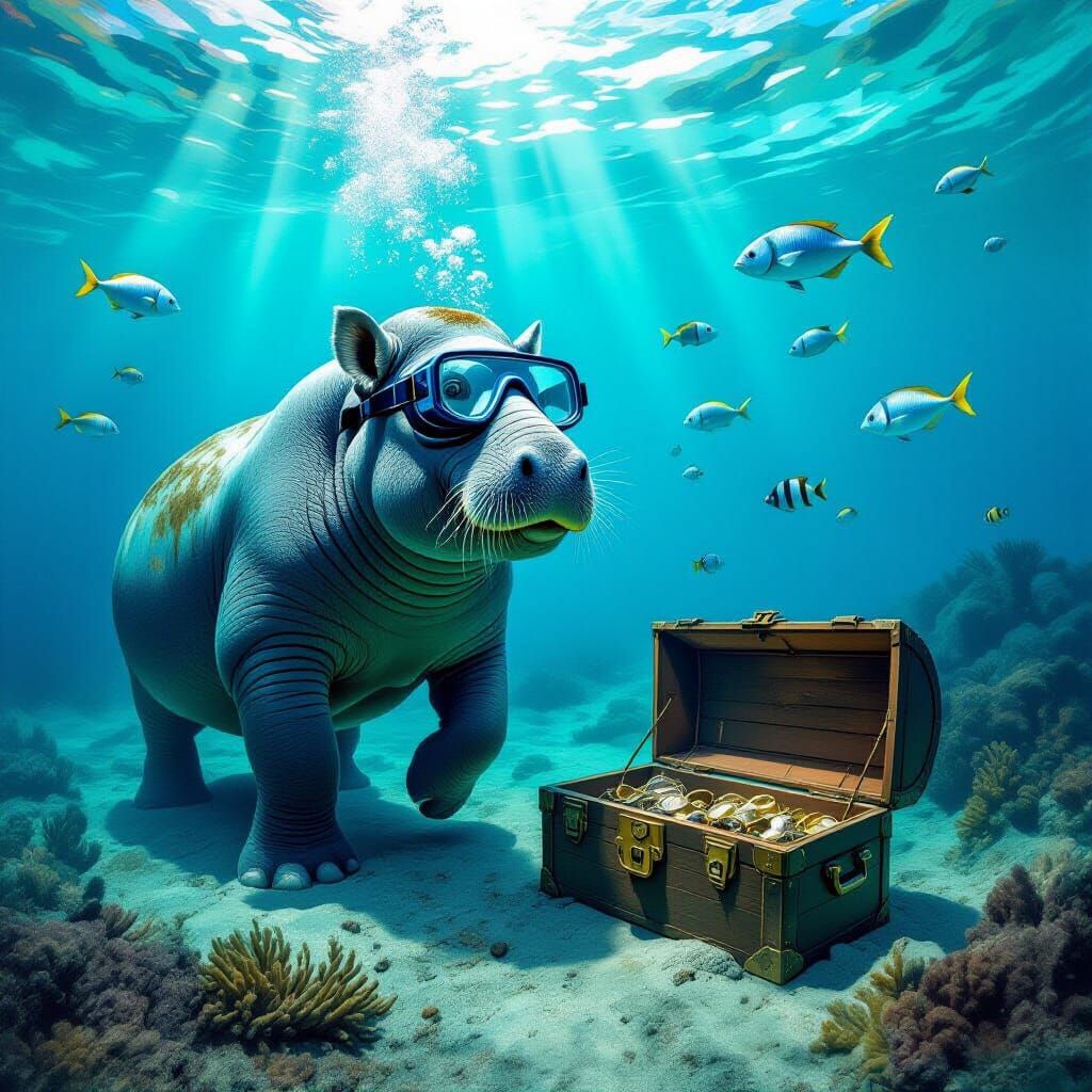 Hippo Diver Finds Sunken Treasure: Surreal Oil Painting