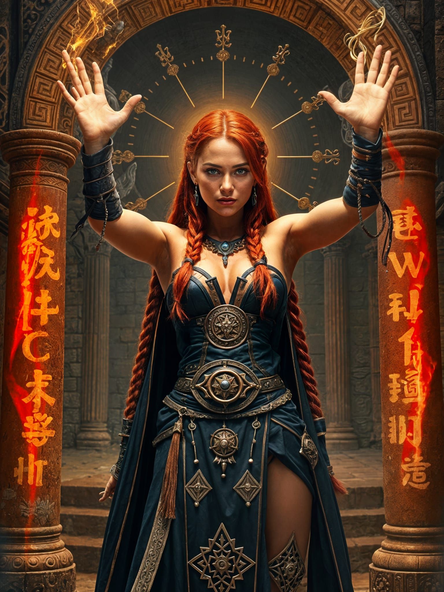 Warrior Sorceress Casting Spell in Ancient Temple