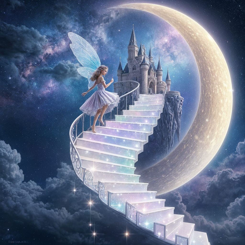 Fairy Ascends to Cosmic Castle in Dreamy Sky