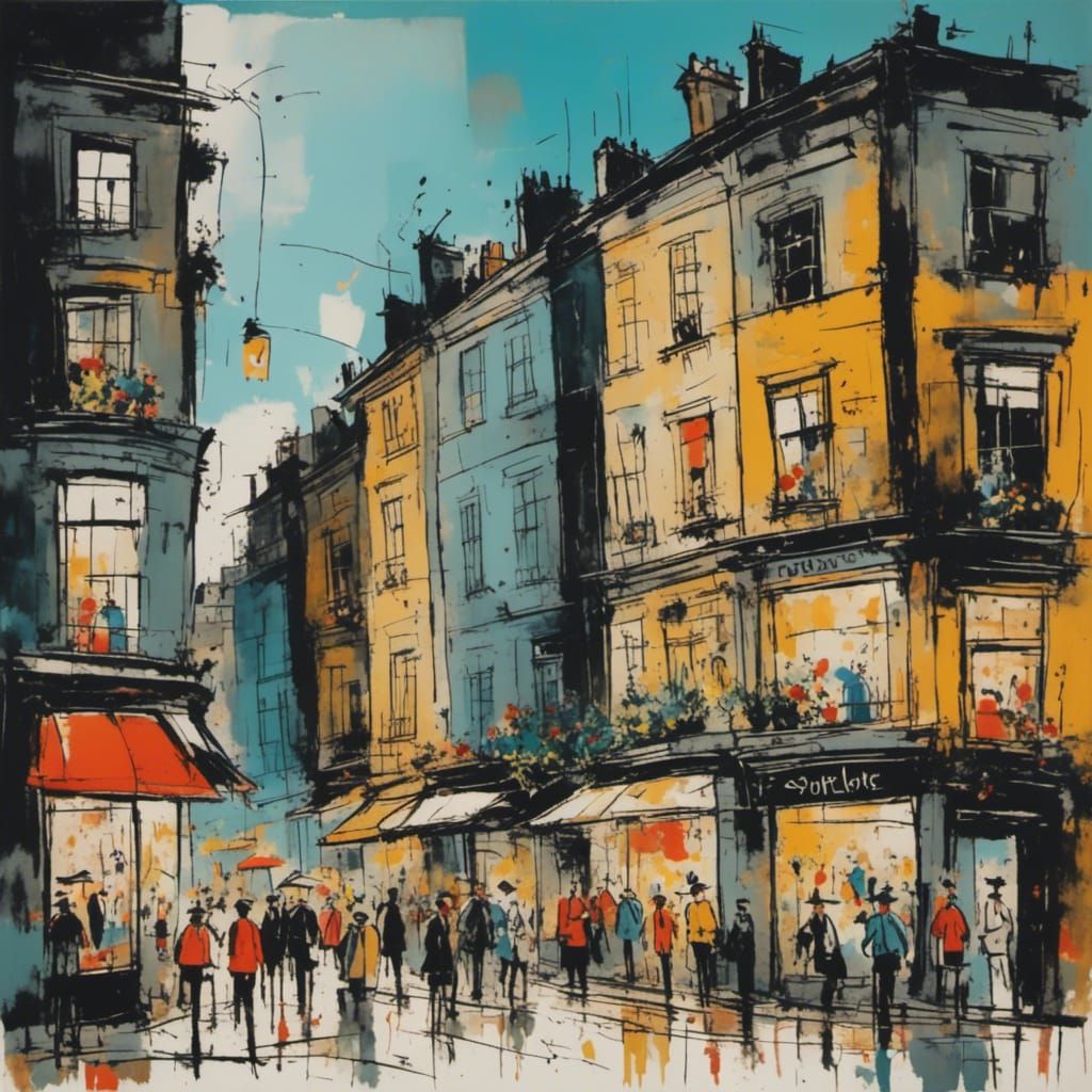 Busy Urban Street Scene with Shops at Evening