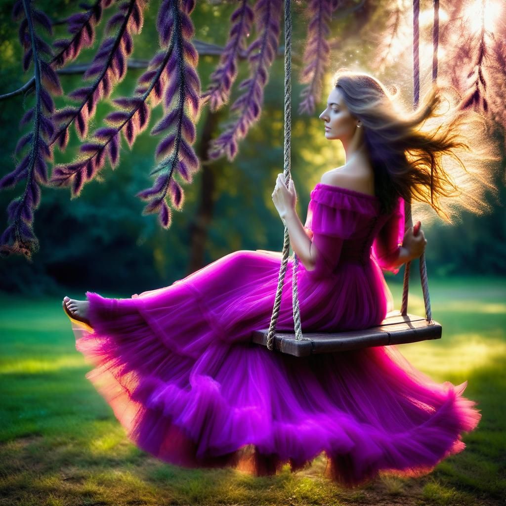 Dreamlike Woman on Swing in Surreal Setting
