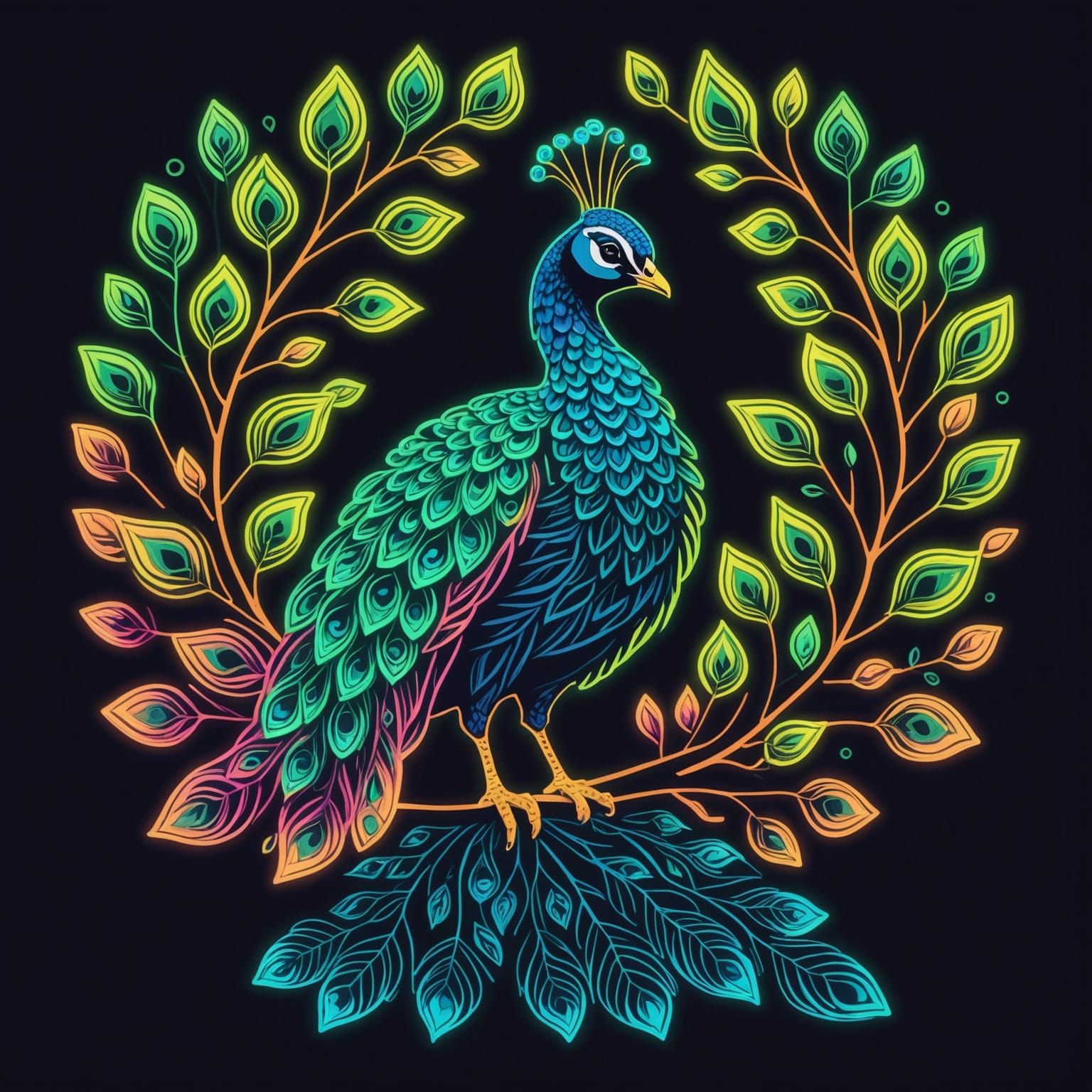 Bioluminescent Peacock Transforming into Heart-Leaf Tree