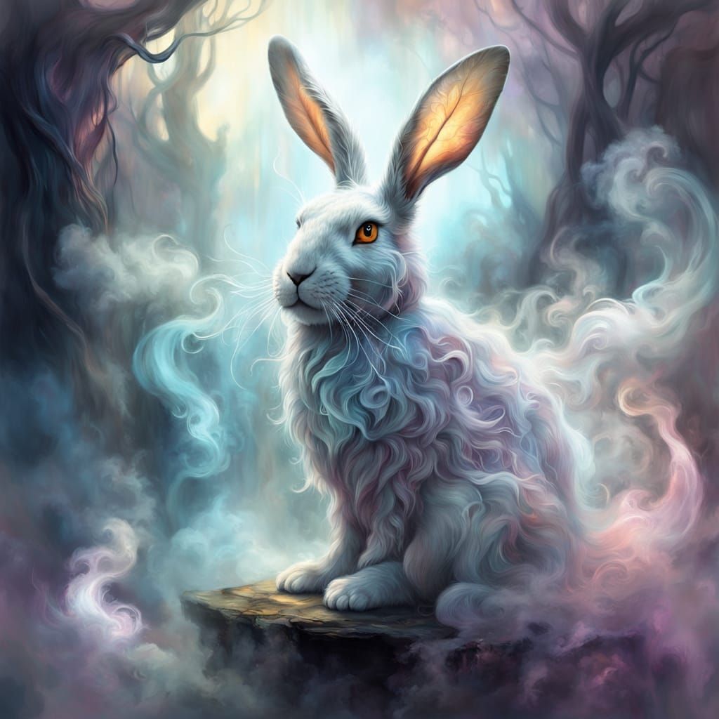 Whimsical Smoke Rabbit in a Dreamlike Landscape
