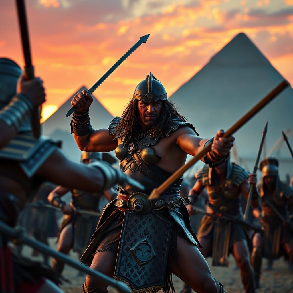 Conan the Barbarian vs Egyptian Warriors at Sunset