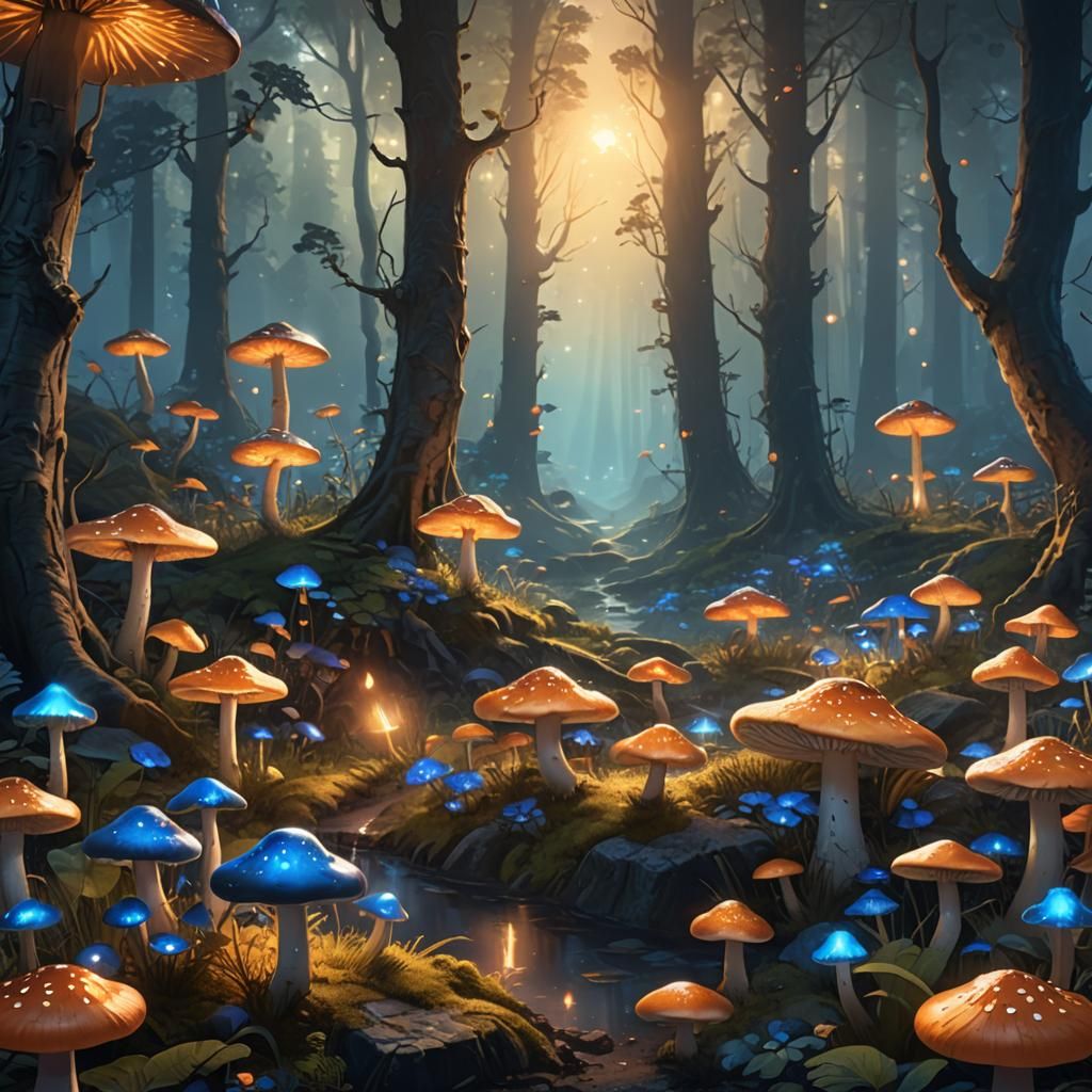 Magical Forest Landscape with Glowing Mushrooms