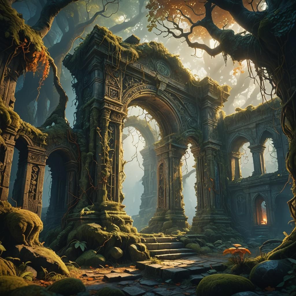 Mystical Forest Sanctuary in Golden Light