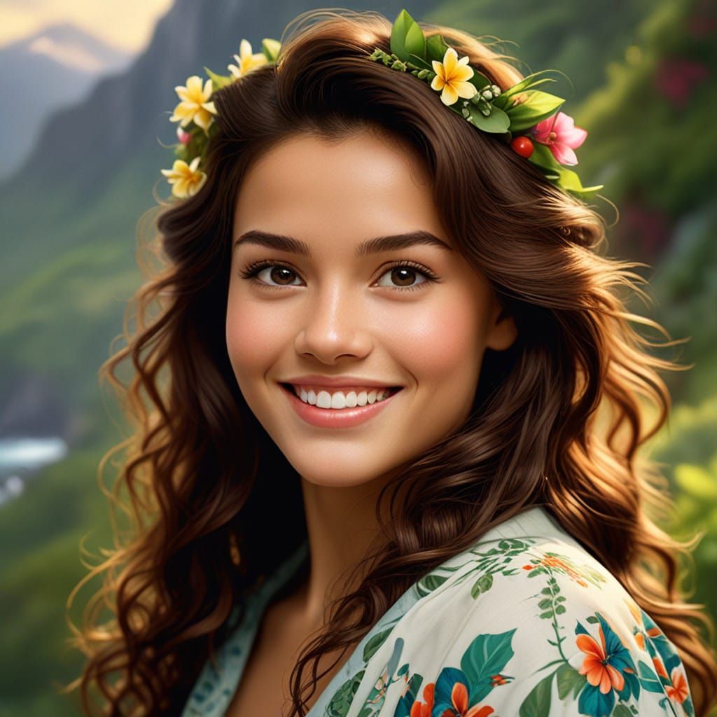 Wholesome Hawaiian Woman in a Serene Mountainscape
