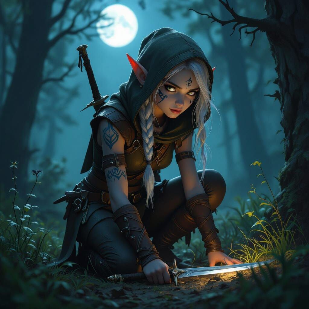 Elf Ranger Searches Mystical Forest at Night