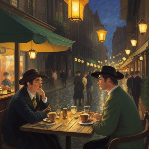 Impressionist Night Café Scene in Oil on Canvas