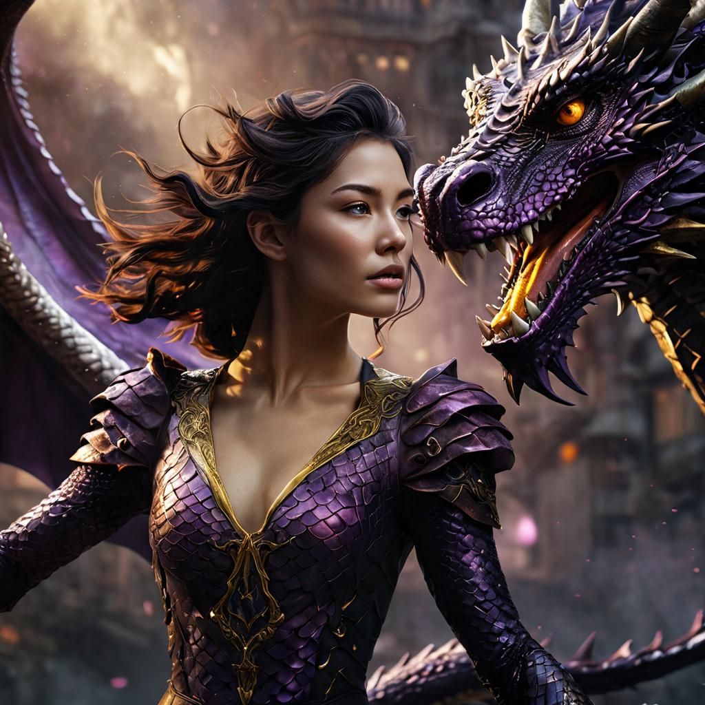 Elegant Lady and Dragon Soaring, Cinematic Digital Art