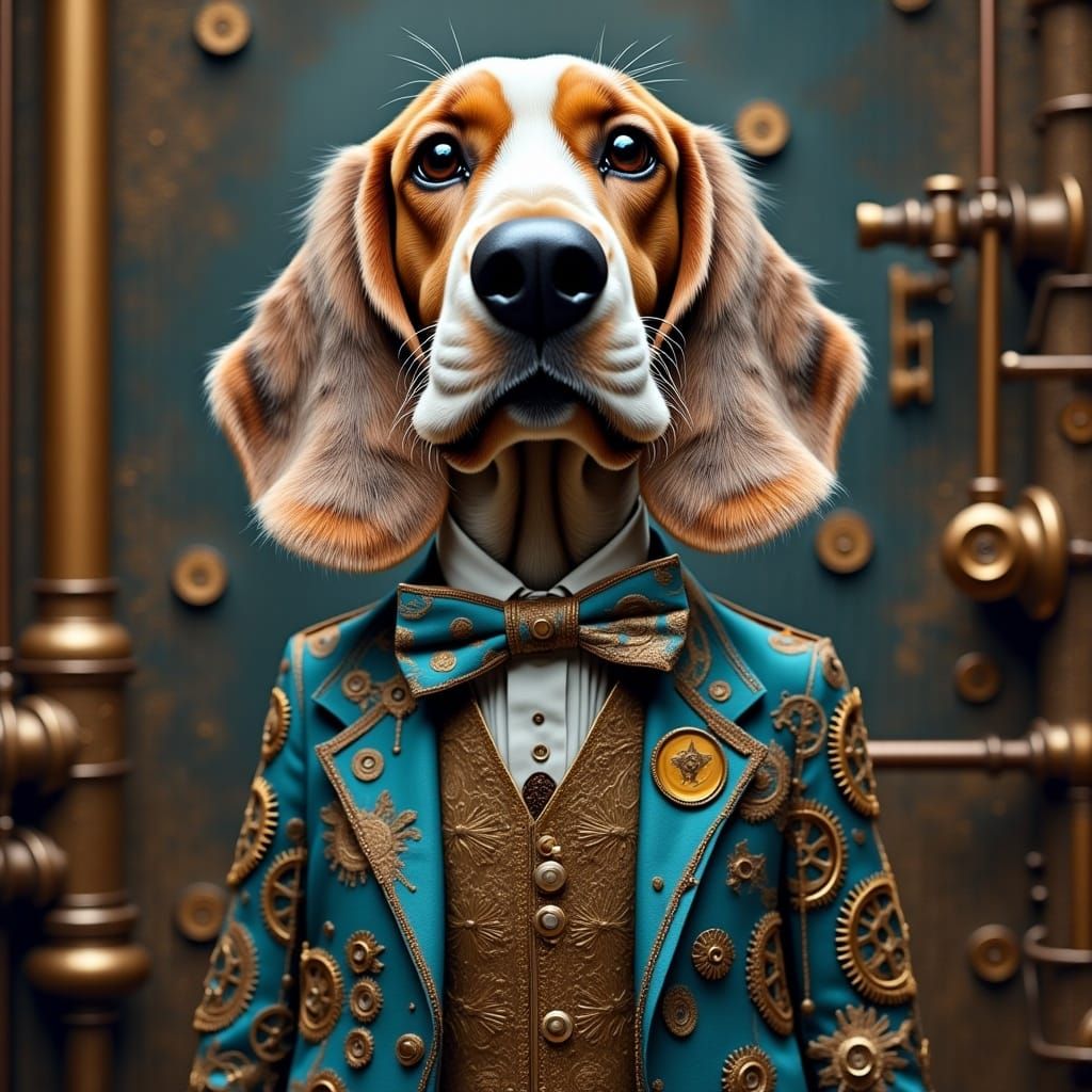 Steampunk Bassett Hound in Suit and Bowtie