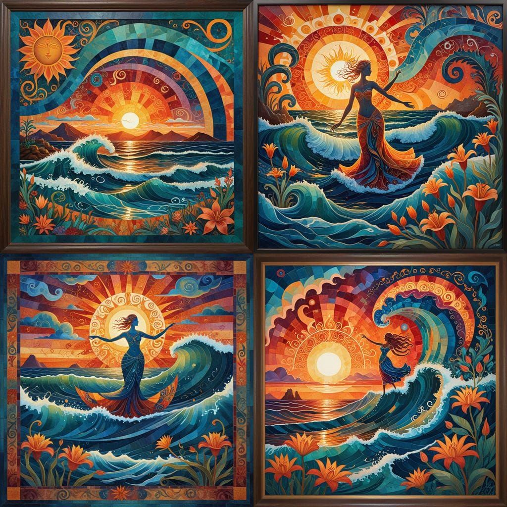 a 4K sunrise over the Pacific Ocean merges Paul Klee's style...