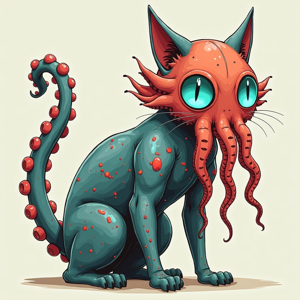 Futuristic Cyberpunk Cat-Octopus Hybrid Concept Art