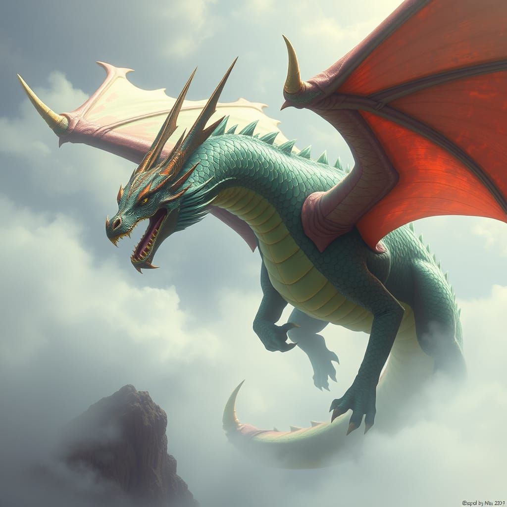 Jade Dragon Soaring Through Misty Skies