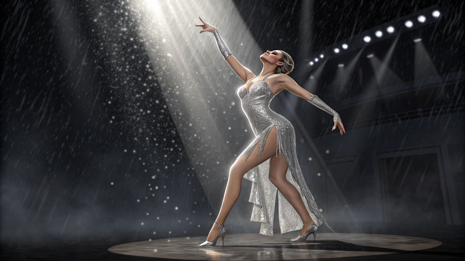 Dancer in Silver Leotard Performing in Artificial Rain