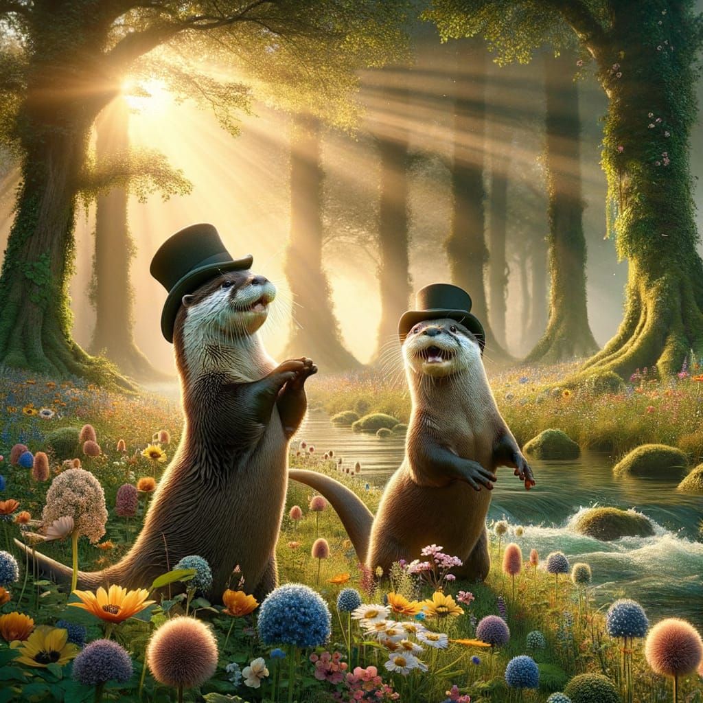 Victorian Otters Play in Wildflower Field
