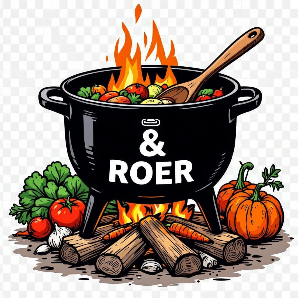 Rustic Potjie Pot Logo with Vegetables and Bolt Clipart