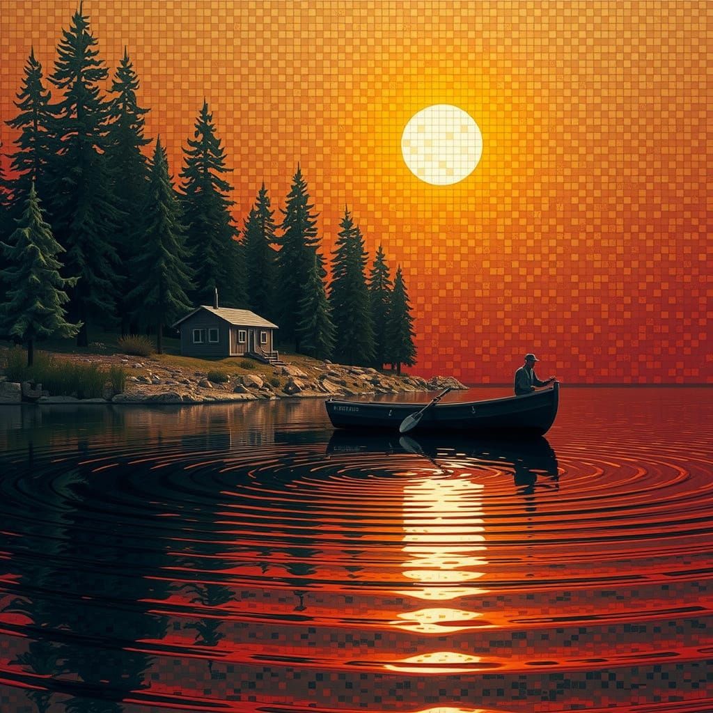 Mosaic Landscape With Golden Sunset Over Lake