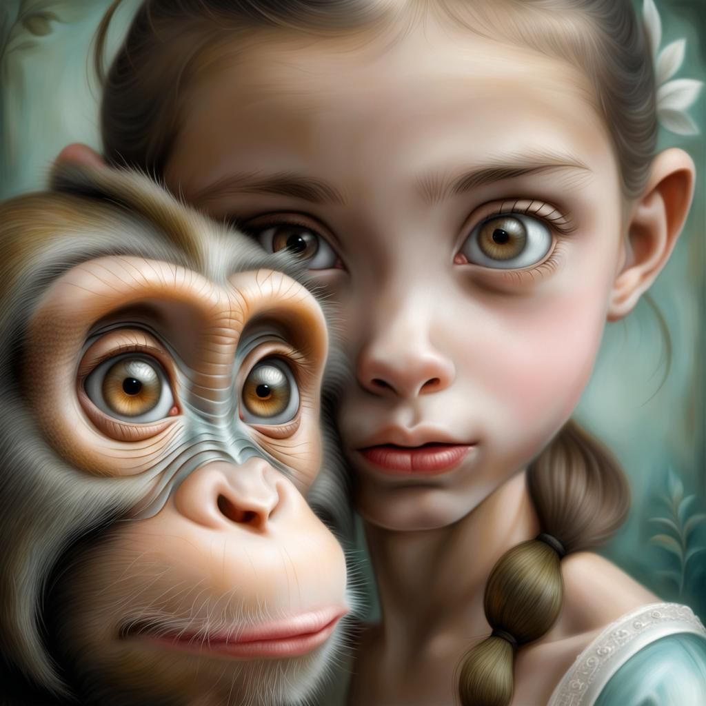 Girl and Monkey Portrait in Surreal Style