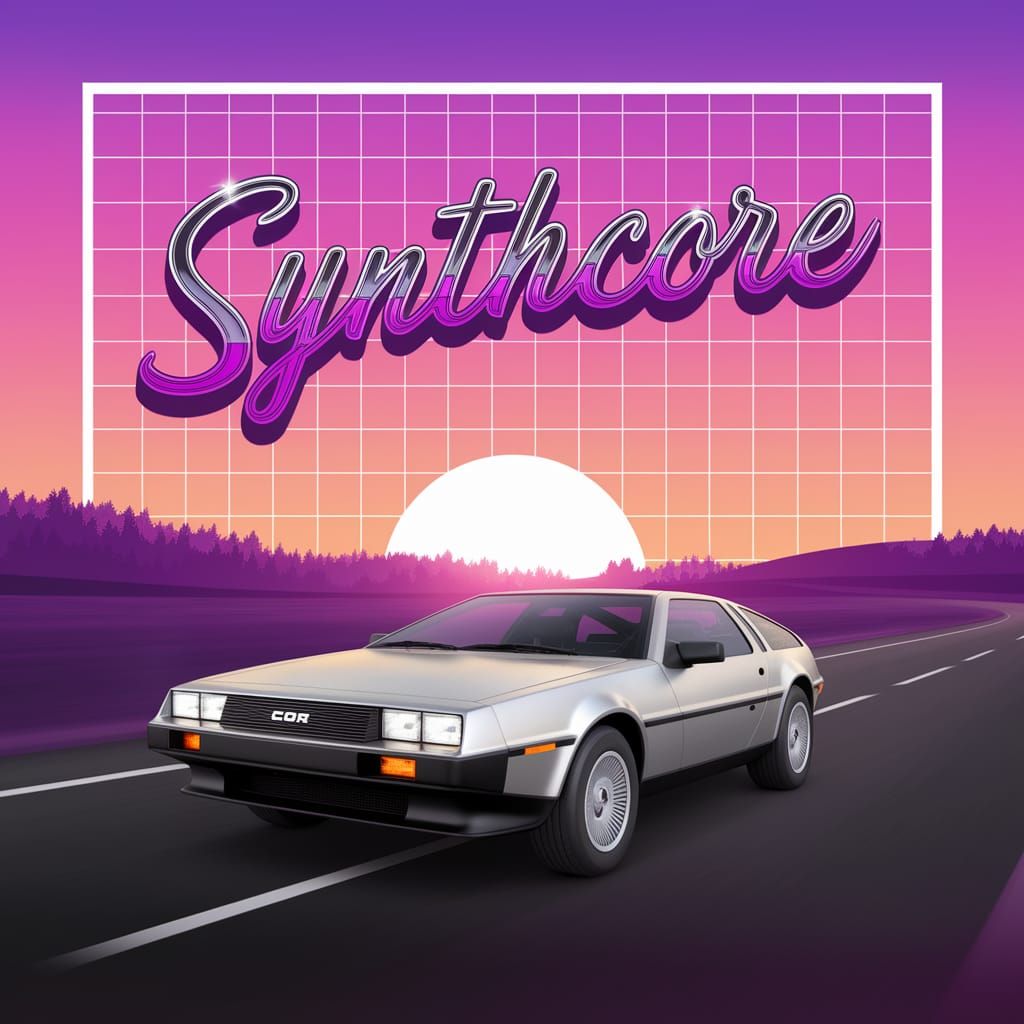 Sleek DeLorean Speeds into Vibrant Sunset in SYNTHCORE Style