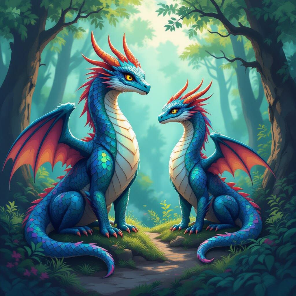 Iridescent Mythical Creatures in Mystical Forest