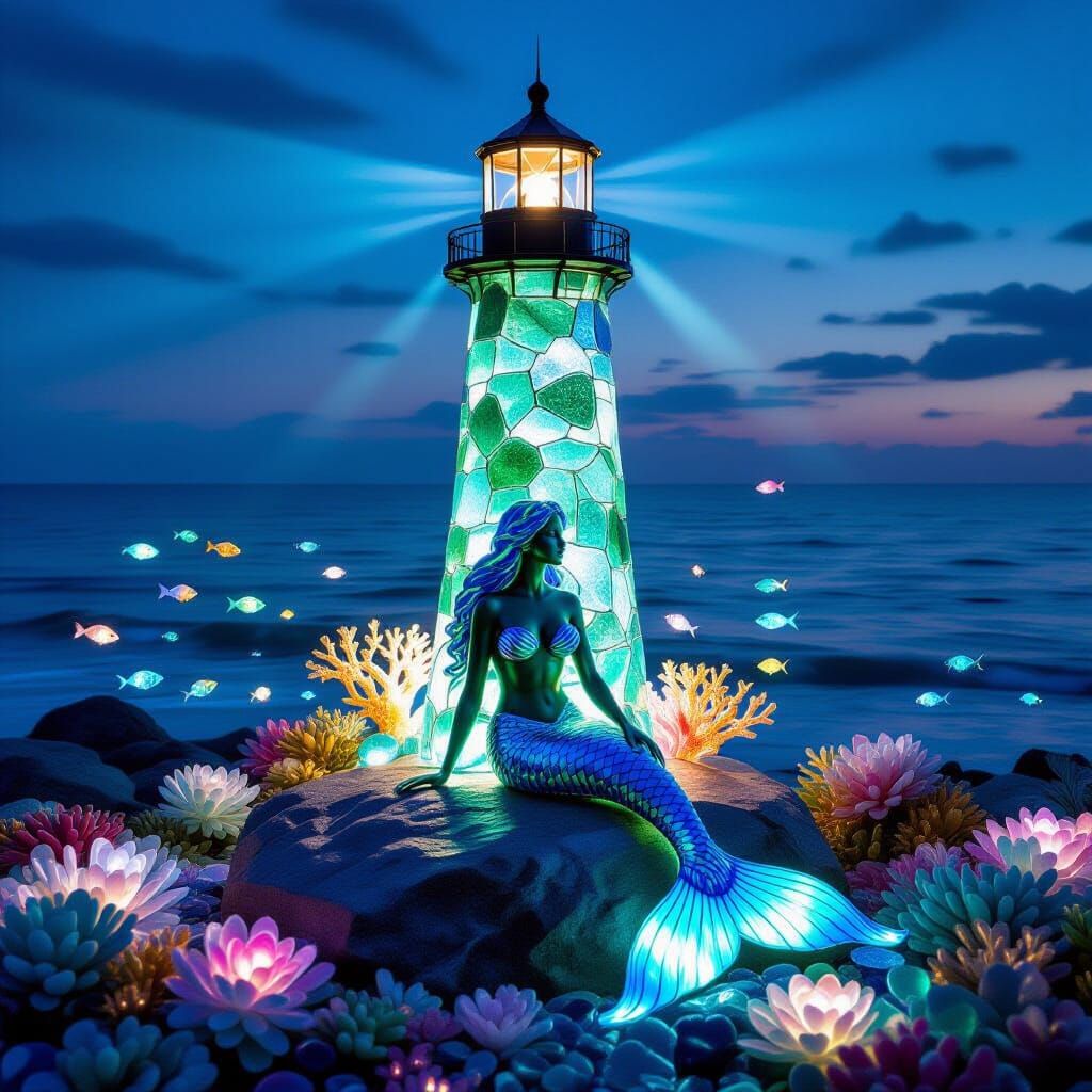 Sea Glass Lighthouse and Mermaid Sculpture Illuminated by Mo...