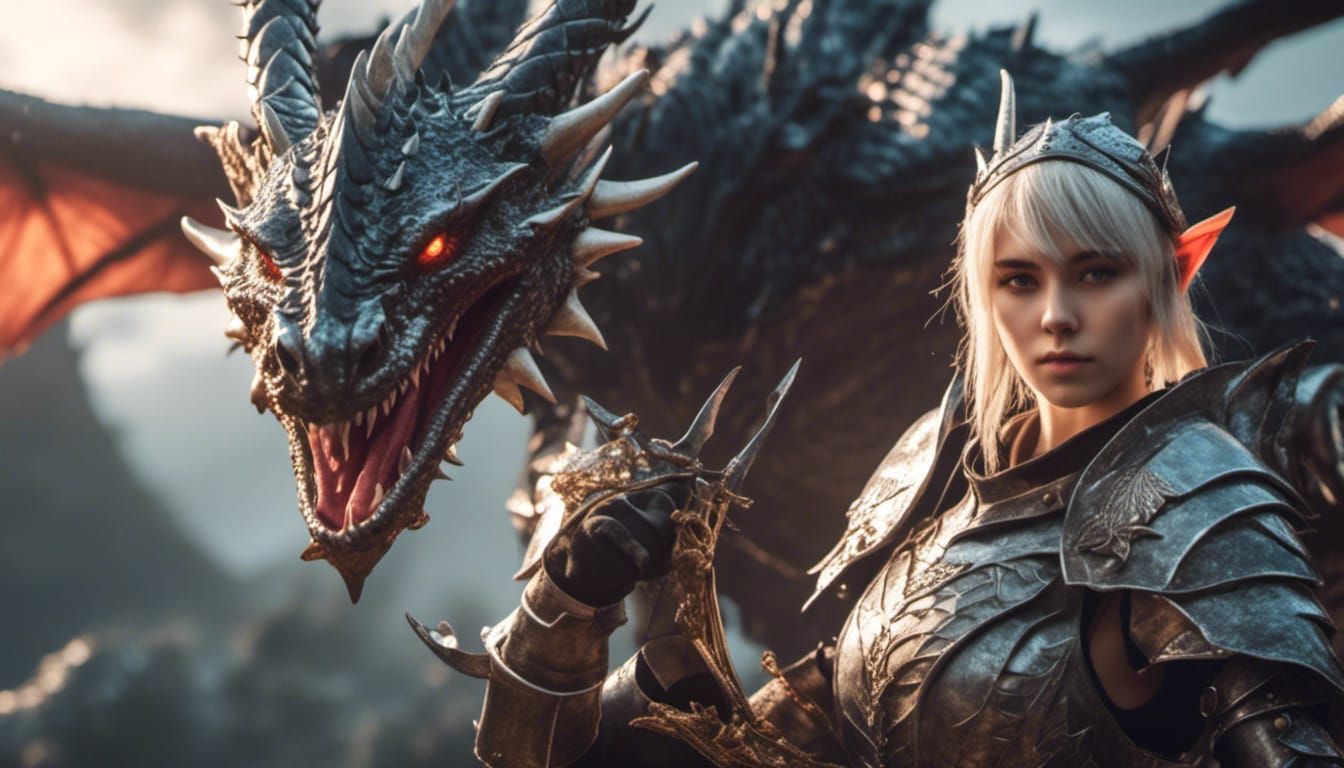 Elf Knight Girl Battles Dragon in HDR