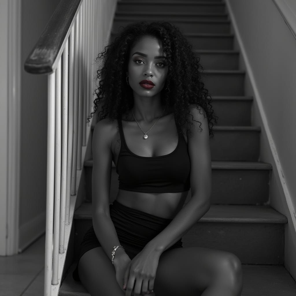 Elegant Mixed-Race Woman on Apartment Stairs in Black and Wh...
