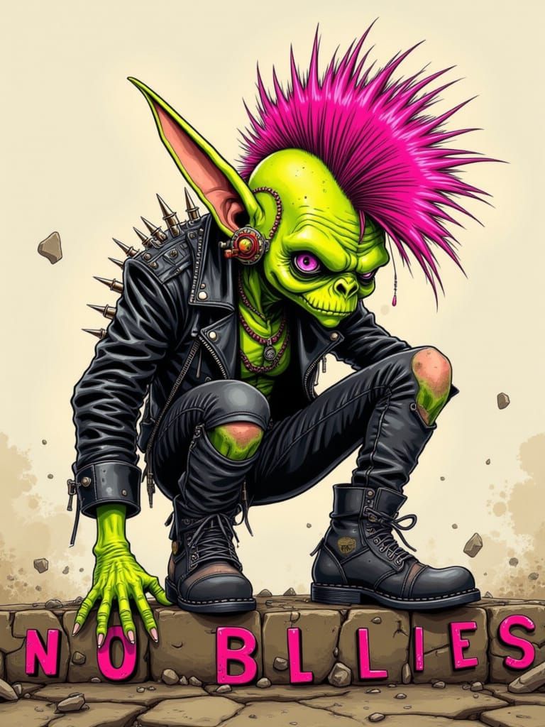 Punk Gremlin with Pink Mohawk Steps on 'No Bullies' in Comic...