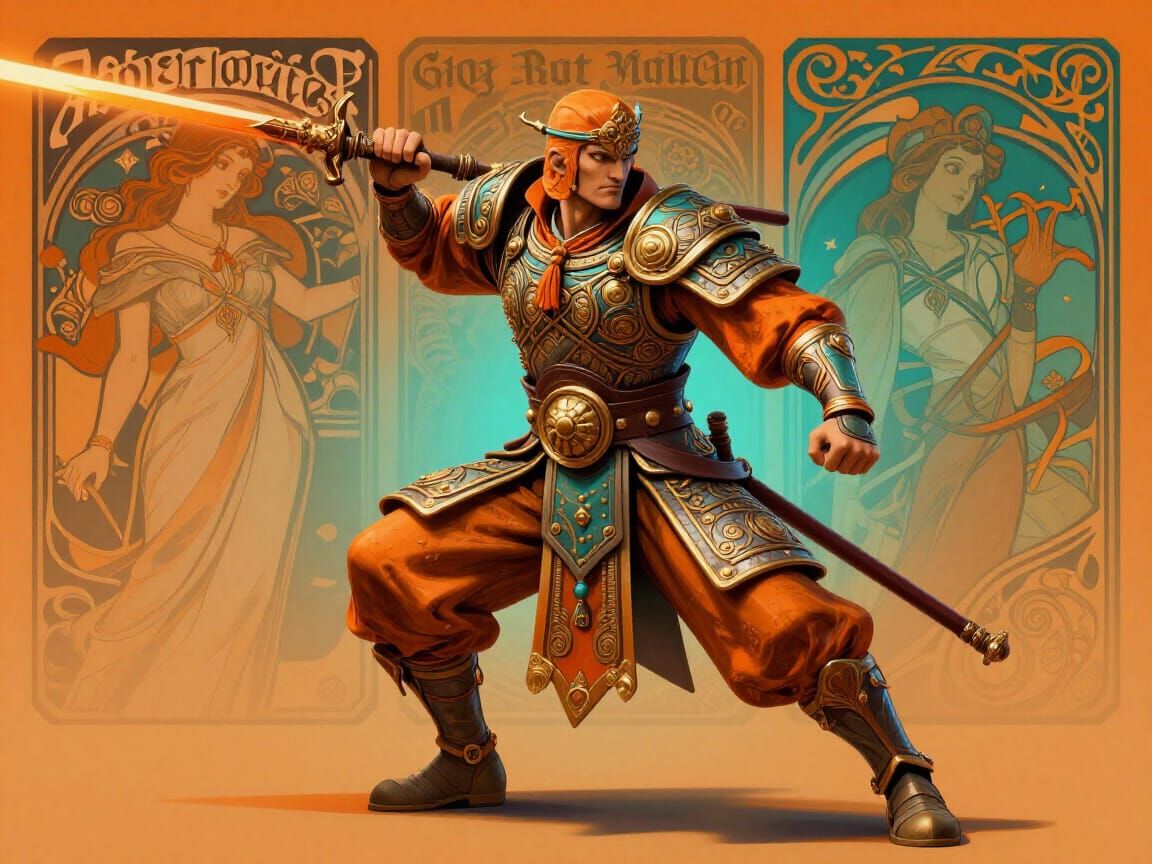 Dynamic Warrior Concept Art in Triadic Colors