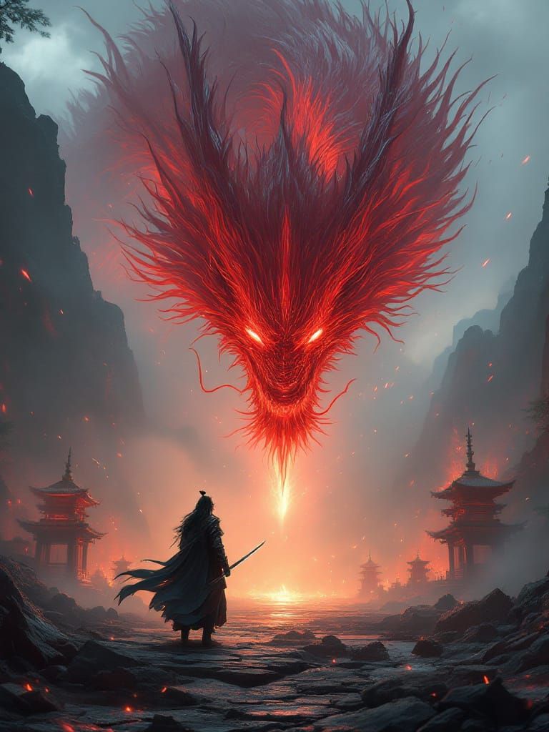 Samurai Faces Colossal Dragon in Misty Temple