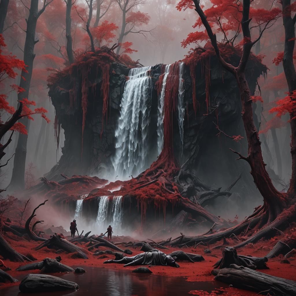 Eerie Waterfall of Blood in Foggy Red Forest