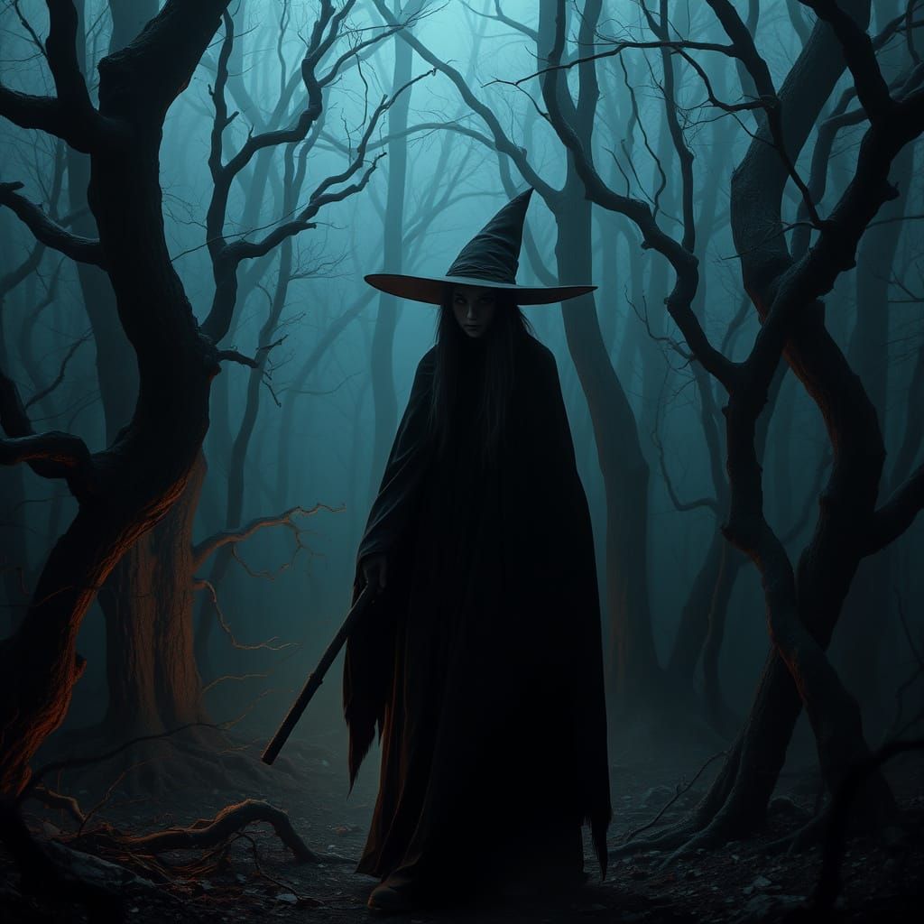 Witch in Misty Forest, Dark Fantasy Art