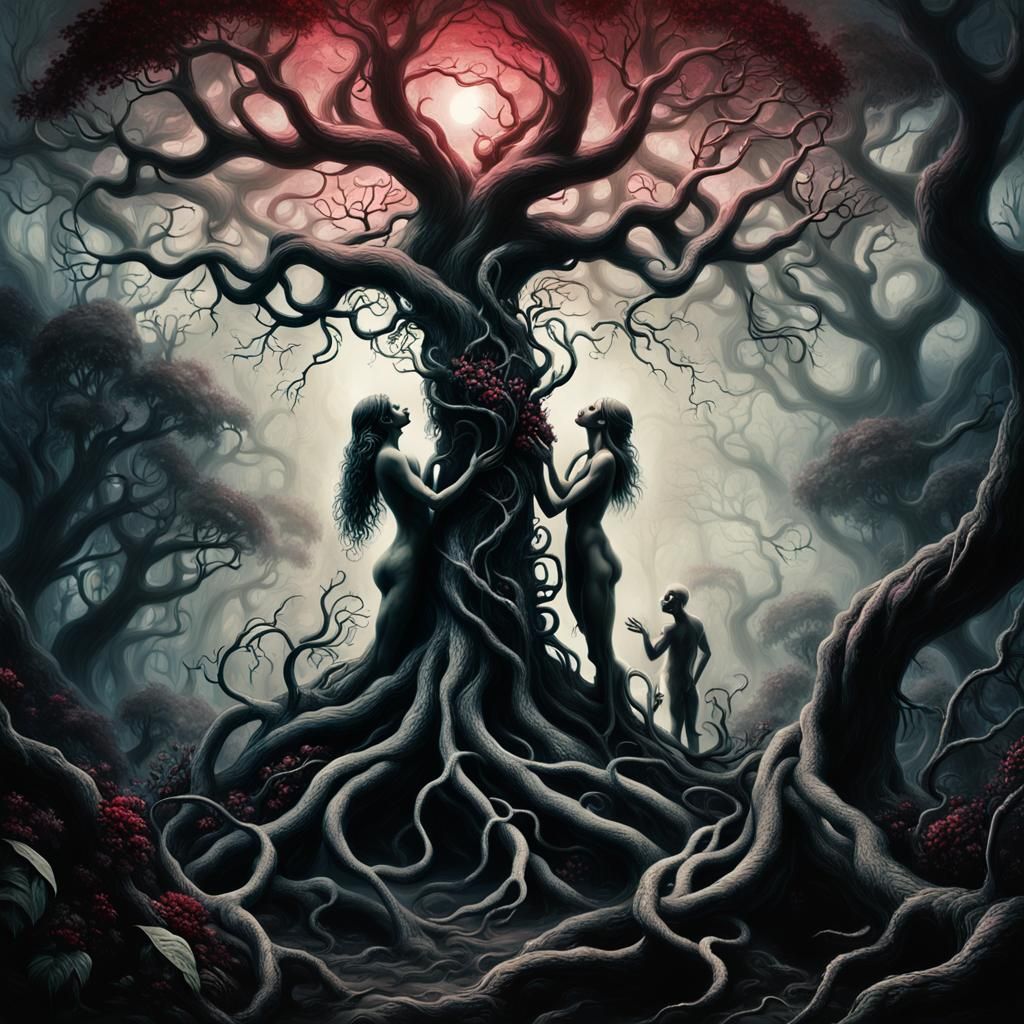 Eerie Garden of Eden Kiss in Dark Fantasy Art